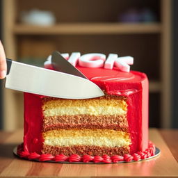 A full view of a vibrant red box cake being sliced with a knife