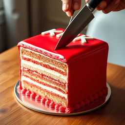 A full view of a vibrant red box cake being sliced with a knife