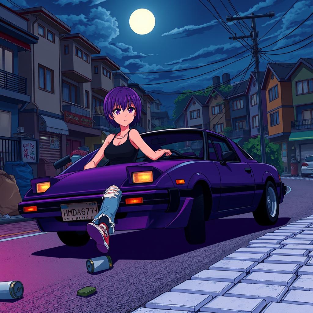 A delinquent anime girl with short purple hair and striking purple eyes, wearing torn blue jeans and a black tank top, confidently driving a dark violet 1978 Mazda RX-7 through the suburbs at midnight