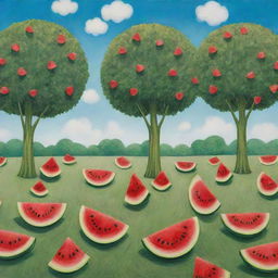 A whimsical scene featuring trees with watermelon slices as leaves, ripening under a sunny sky. The rich green of watermelon rinds contrasts the bright, red fruit cores. The trees are dotted on a lush meadow.