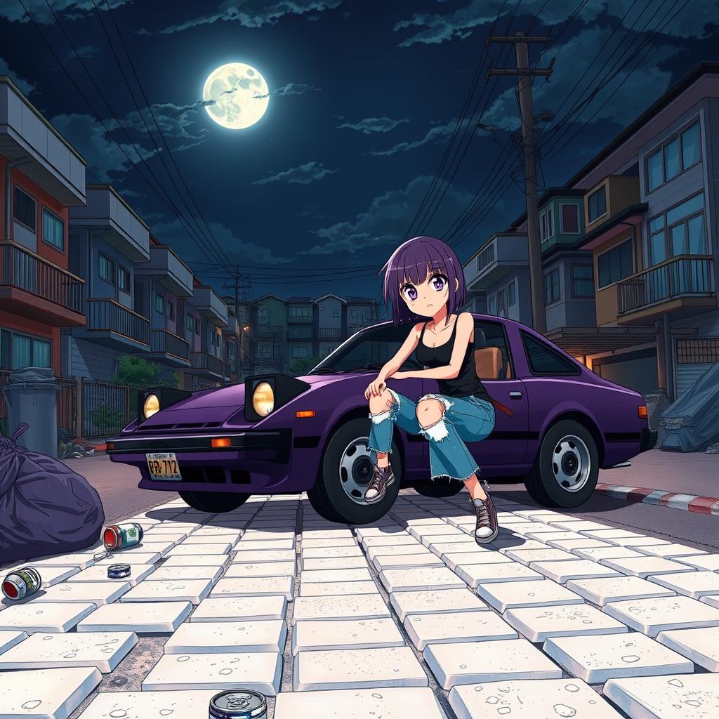 A delinquent anime girl with short purple hair and striking purple eyes, wearing torn blue jeans and a black tank top, confidently driving a dark violet 1978 Mazda RX-7 through the suburbs at midnight