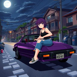 A delinquent anime girl with short purple hair and striking purple eyes, wearing torn blue jeans and a black tank top, confidently driving a dark violet 1978 Mazda RX-7 through the suburbs at midnight