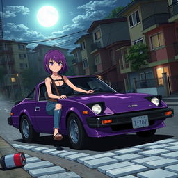 A delinquent anime girl with short purple hair and striking purple eyes, wearing torn blue jeans and a black tank top, confidently driving a dark violet 1978 Mazda RX-7 through the suburbs at midnight