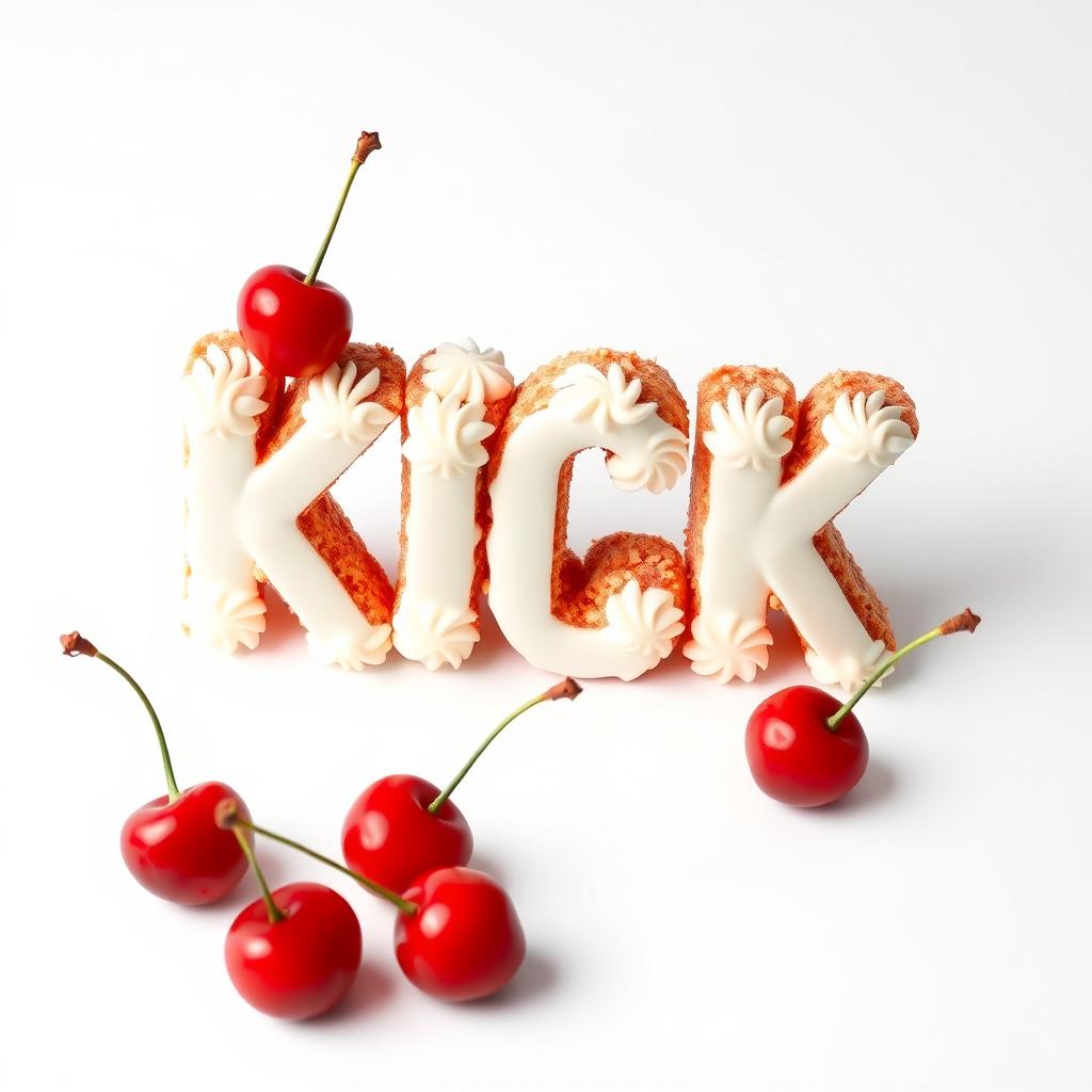 A 2D representation of a bold 'KICK' letter made from cake, set against a pristine white background