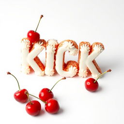 A 2D representation of a bold 'KICK' letter made from cake, set against a pristine white background