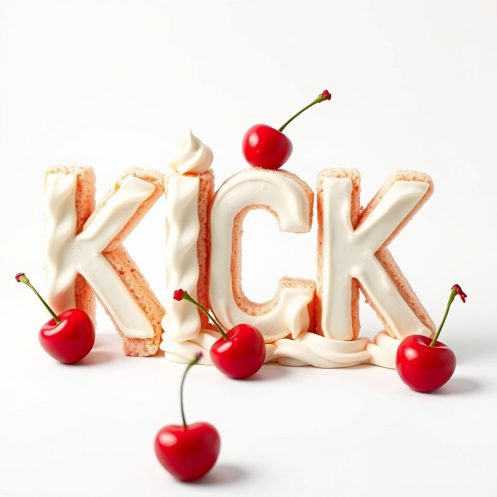 A 2D representation of a bold 'KICK' letter made from cake, set against a pristine white background