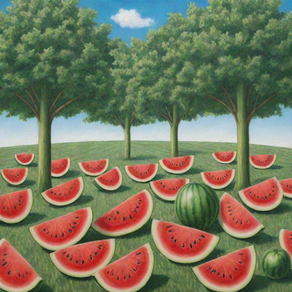 A whimsical scene featuring trees with watermelon slices as leaves, ripening under a sunny sky. The rich green of watermelon rinds contrasts the bright, red fruit cores. The trees are dotted on a lush meadow.