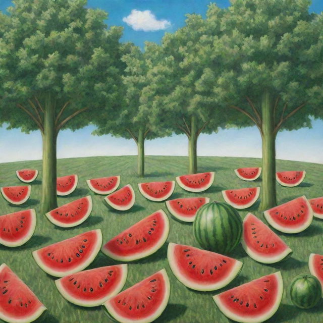 A whimsical scene featuring trees with watermelon slices as leaves, ripening under a sunny sky. The rich green of watermelon rinds contrasts the bright, red fruit cores. The trees are dotted on a lush meadow.