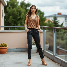 A Canadian woman standing on a terrace, effortlessly blending casual elegance with modern style