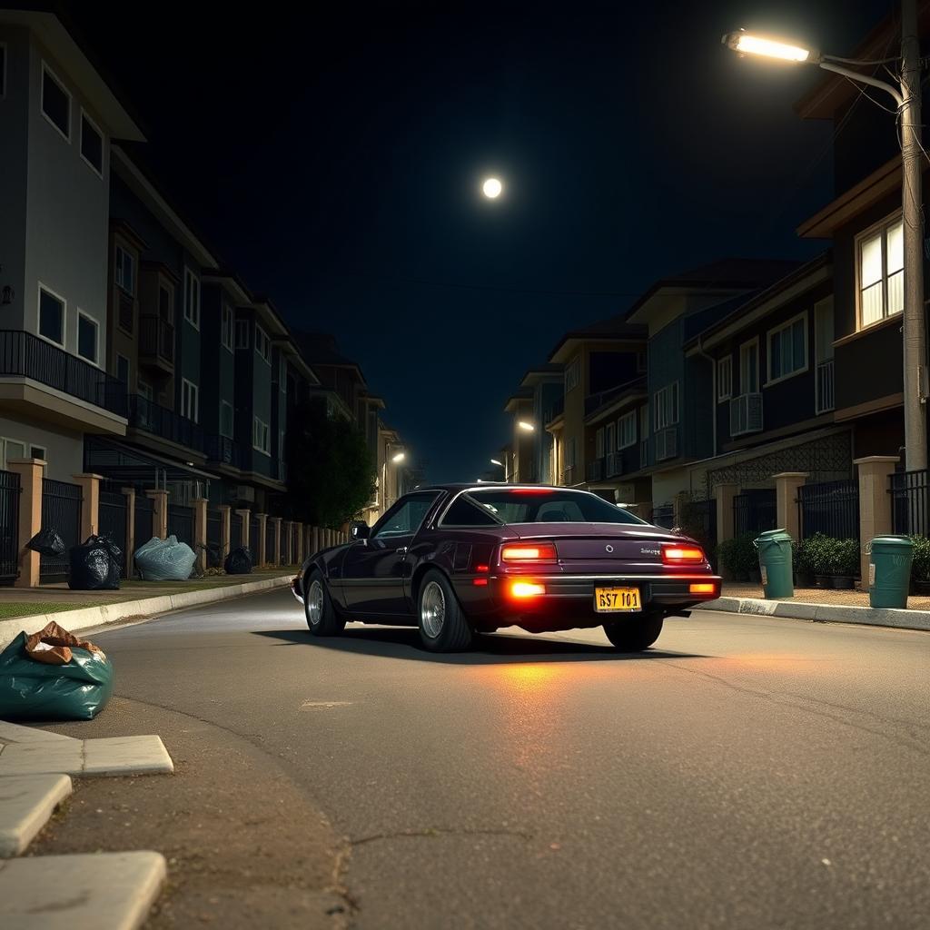 A dark violet 1978 Mazda RX-7 driving through the city's suburbs at midnight