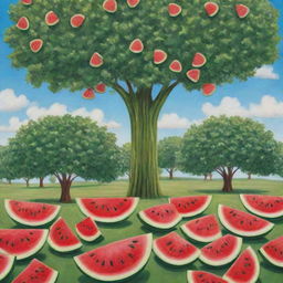 A whimsical scene featuring trees with watermelon slices as leaves, ripening under a sunny sky. The rich green of watermelon rinds contrasts the bright, red fruit cores. The trees are dotted on a lush meadow.