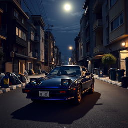 A dark violet 1978 Mazda RX-7 driving through the city's suburbs at midnight