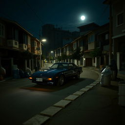 A dark violet 1978 Mazda RX-7 driving through the city's suburbs at midnight