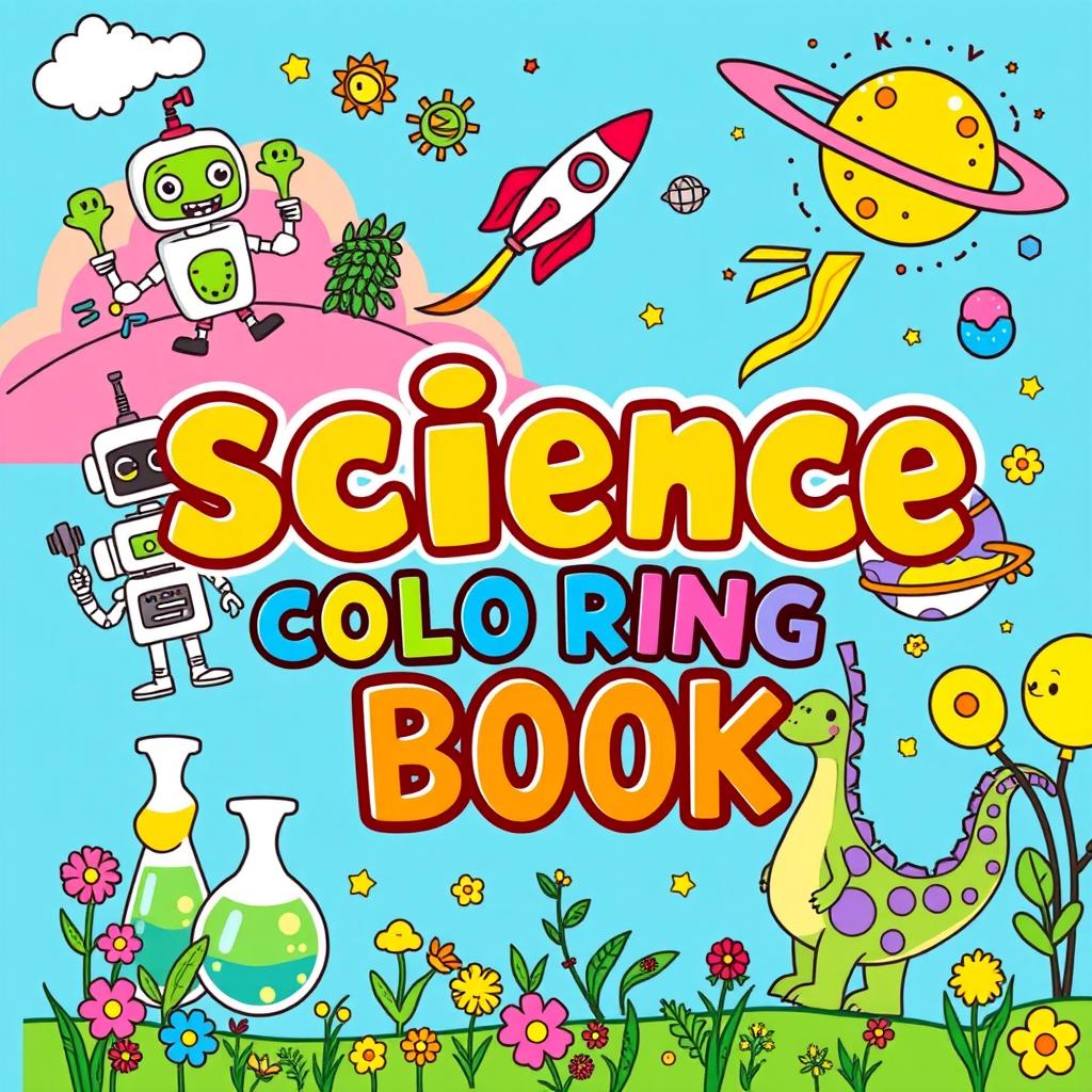 A whimsical and colorful cover design for a science-themed coloring book for kids