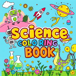 A whimsical and colorful cover design for a science-themed coloring book for kids