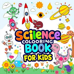 A whimsical and colorful cover design for a science-themed coloring book for kids