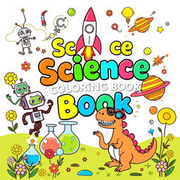 A whimsical and colorful cover design for a science-themed coloring book for kids