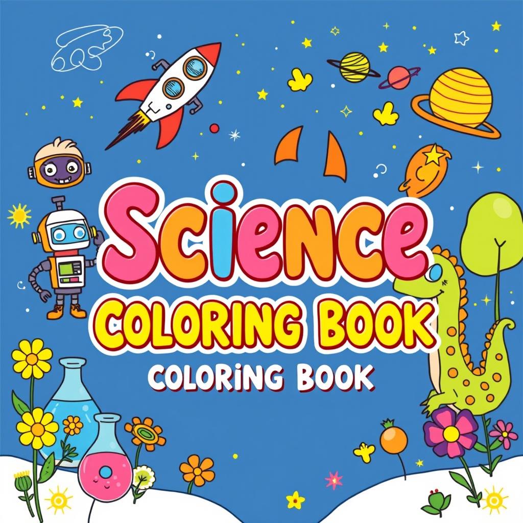 A whimsical and colorful cover design for a science-themed coloring book for kids