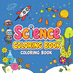 A whimsical and colorful cover design for a science-themed coloring book for kids