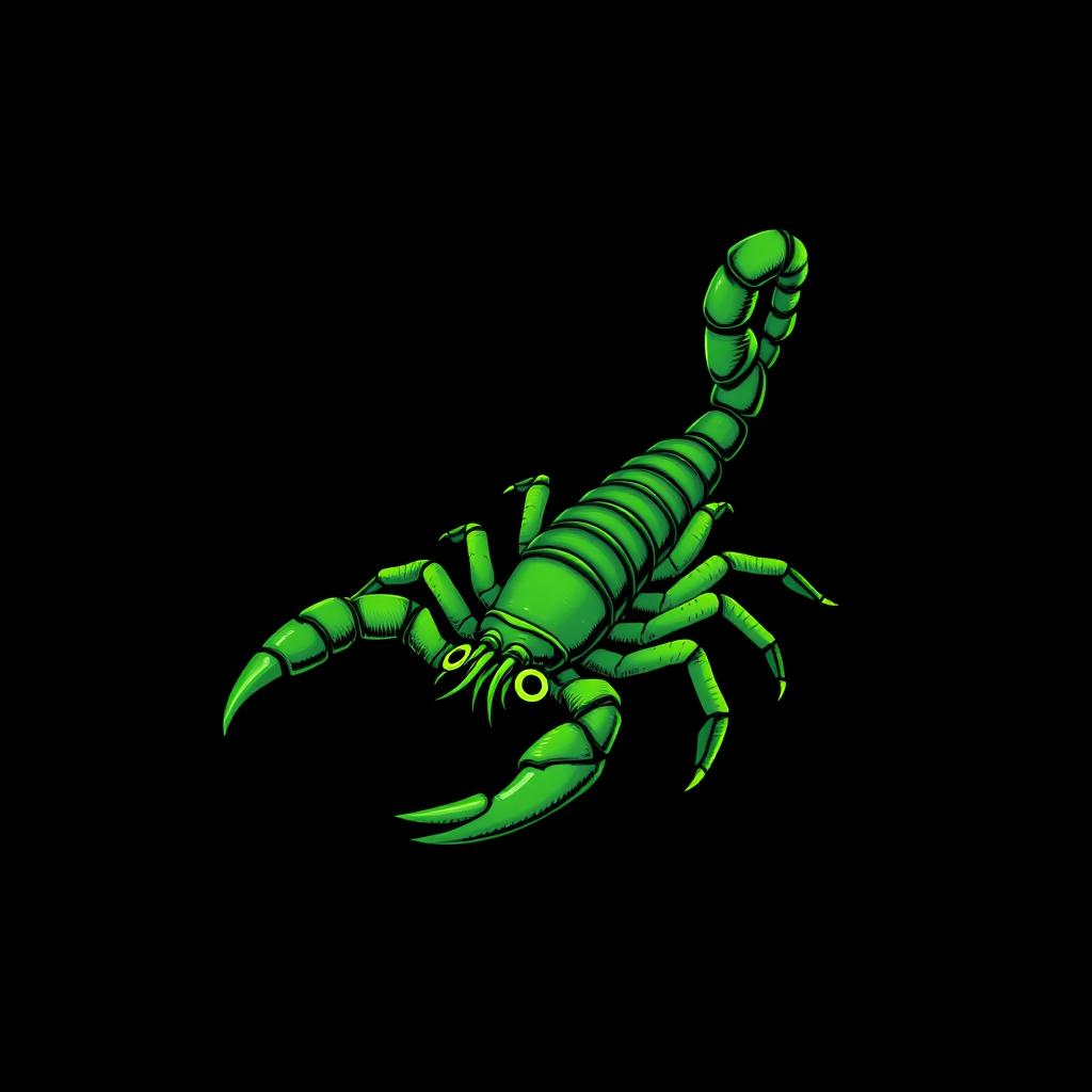 An intricate illustration of a scorpion, predominantly in various shades of green, set against a striking black background