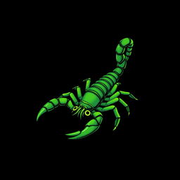 An intricate illustration of a scorpion, predominantly in various shades of green, set against a striking black background