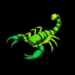 An intricate illustration of a scorpion, predominantly in various shades of green, set against a striking black background