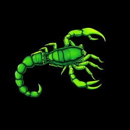 An intricate illustration of a scorpion, predominantly in various shades of green, set against a striking black background