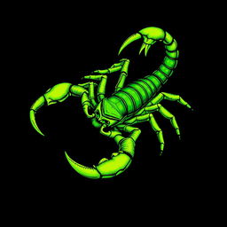 An intricate illustration of a scorpion, predominantly in various shades of green, set against a striking black background