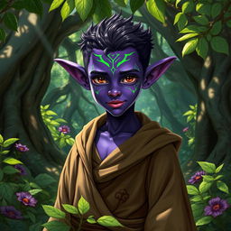 A young and handsome druid Tiefling with striking purple skin and vibrant green lines delicately tracing around their face, highlighting their youthful and alluring features