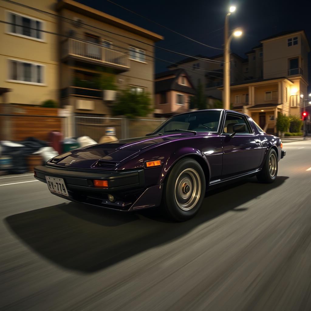 A close-up view of a dark violet 1978 Mazda RX-7, captured in a dynamic angle to emphasize speed, racing through the city's suburbs at midnight