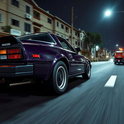 A close-up view of a dark violet 1978 Mazda RX-7, captured in a dynamic angle to emphasize speed, racing through the city's suburbs at midnight