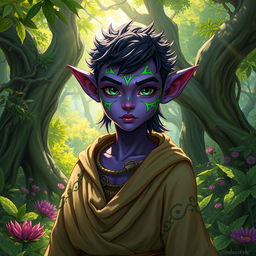 A young and handsome druid Tiefling with striking purple skin and vibrant green lines delicately tracing around their face, highlighting their youthful and alluring features