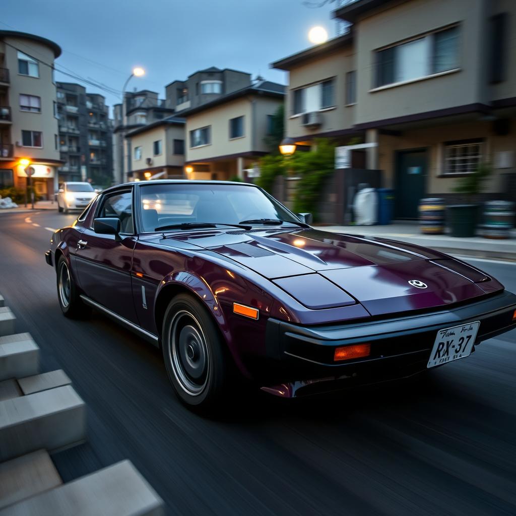 A close-up view of a dark violet 1978 Mazda RX-7, captured in a dynamic angle to emphasize speed, racing through the city's suburbs at midnight