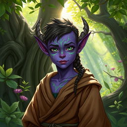 A young and handsome druid Tiefling with striking purple skin and vibrant green lines delicately tracing around their face, highlighting their youthful and alluring features