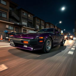 A close-up view of a dark violet 1978 Mazda RX-7, captured in a dynamic angle to emphasize speed, racing through the city's suburbs at midnight