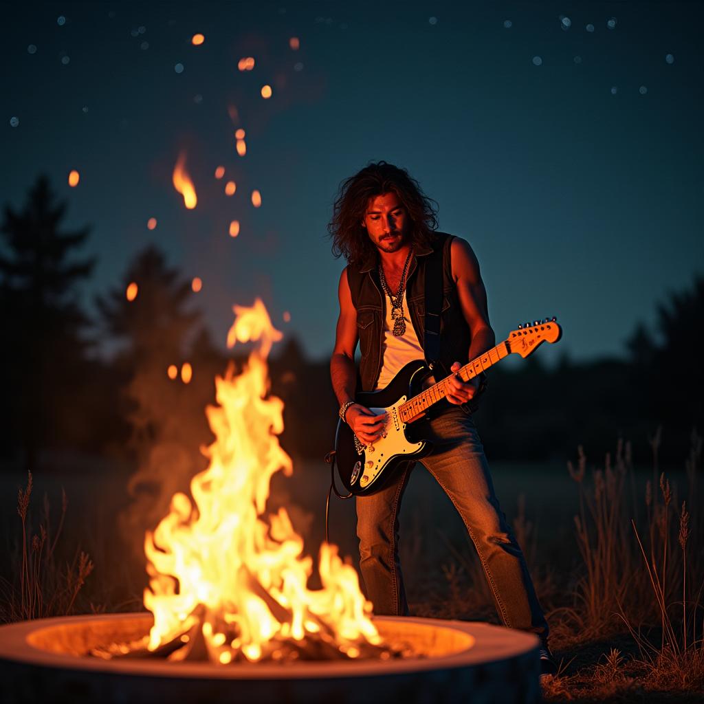 A surreal and artistic image of a legendary guitarist reminiscent of Eddie Van Halen, passionately playing his electric guitar next to a mesmerizing fire pit