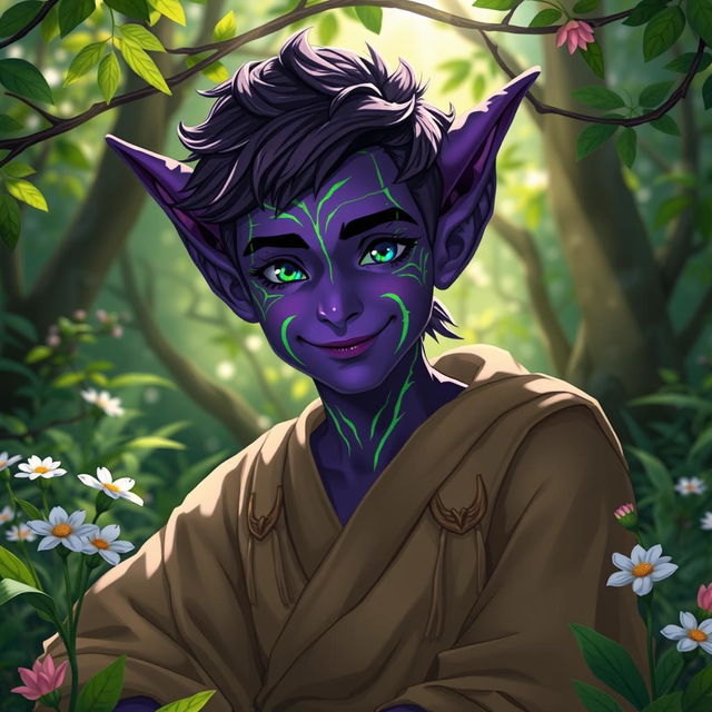 A handsome teenage druid Tiefling with striking purple skin and vibrant green lines elegantly tracing around their face, highlighting their youthful features