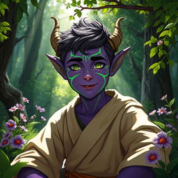 A handsome teenage druid Tiefling with striking purple skin and vibrant green lines elegantly tracing around their face, highlighting their youthful features