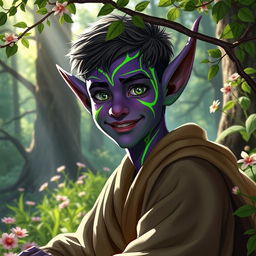 A handsome teenage druid Tiefling with striking purple skin and vibrant green lines elegantly tracing around their face, highlighting their youthful features