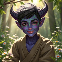 A handsome teenage druid Tiefling with striking purple skin and vibrant green lines elegantly tracing around their face, highlighting their youthful features