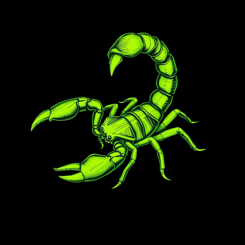 A captivating green sketch-style illustration of a scorpion, detailed and artistically rendered with various shades of green against a solid black background