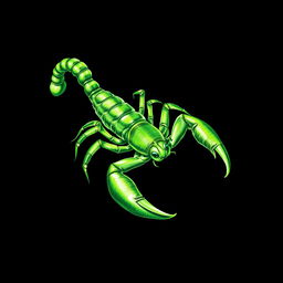 A captivating green sketch-style illustration of a scorpion, detailed and artistically rendered with various shades of green against a solid black background