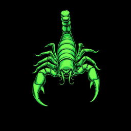 A captivating green sketch-style illustration of a scorpion, detailed and artistically rendered with various shades of green against a solid black background