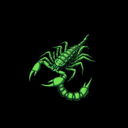 A captivating green sketch-style illustration of a scorpion, detailed and artistically rendered with various shades of green against a solid black background