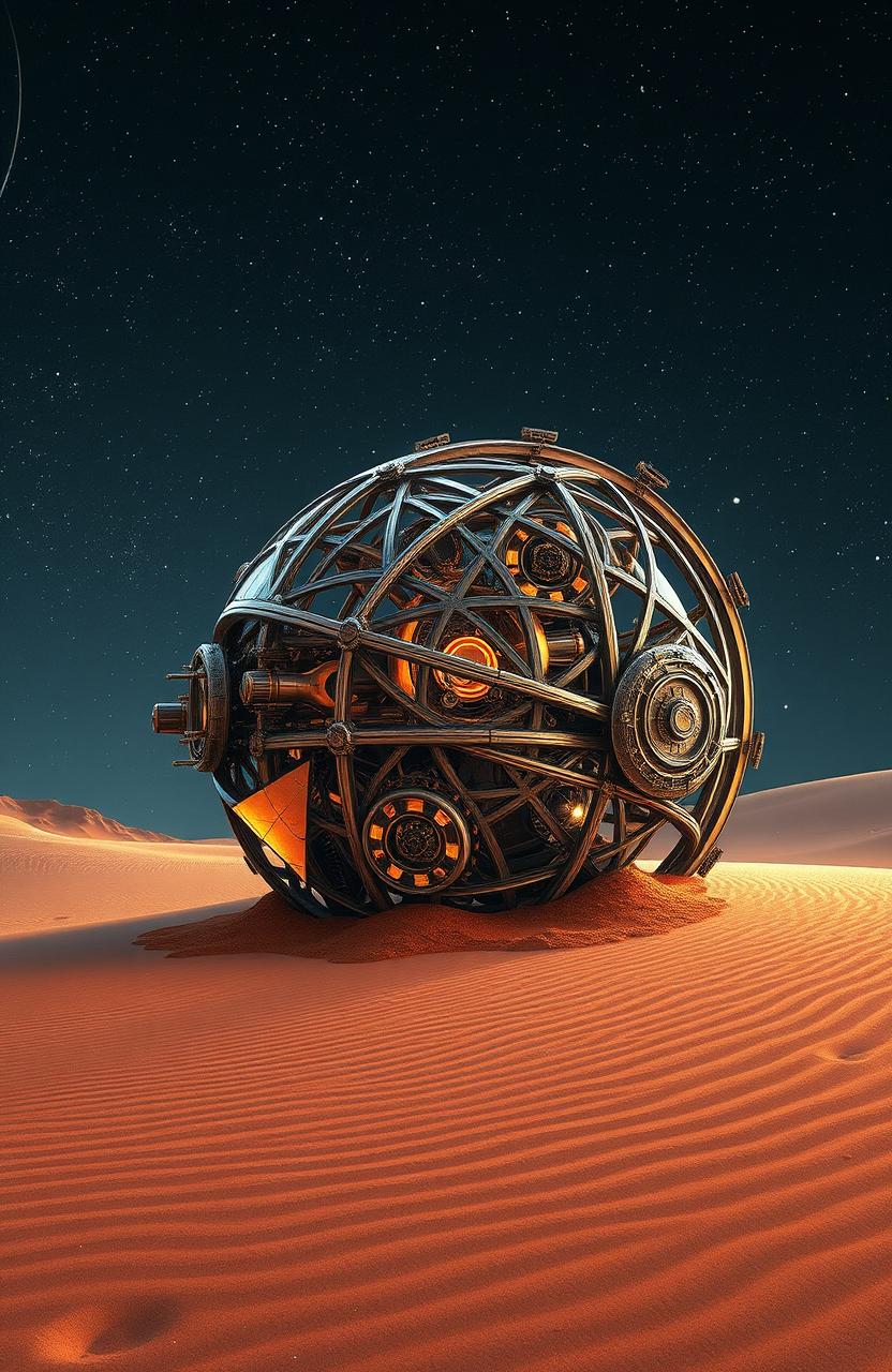 An intricate and futuristic spaceship resembling an ancient armillary sphere, partially engulfed in shimmering desert sand