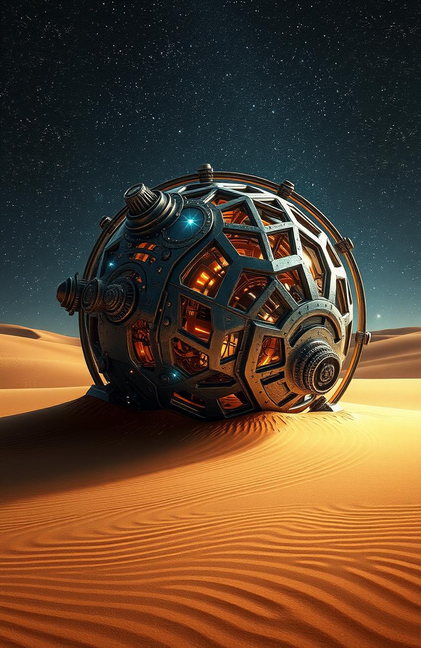 An intricate and futuristic spaceship resembling an ancient armillary sphere, partially engulfed in shimmering desert sand