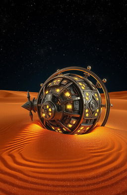 An intricate and futuristic spaceship resembling an ancient armillary sphere, partially engulfed in shimmering desert sand