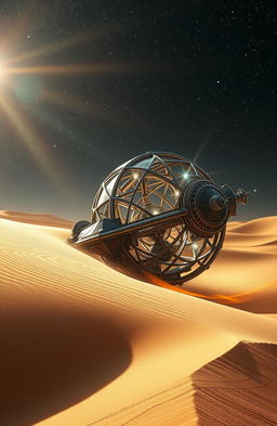 An intricate and futuristic spaceship resembling an ancient armillary sphere, partially engulfed in shimmering desert sand