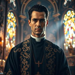 A dramatic and vibrant portrait of an elegant man dressed as a classic Spanish priest, known as 'Padre Negro'