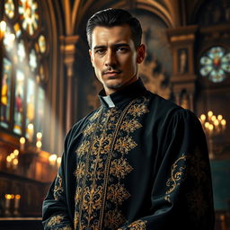 A dramatic and vibrant portrait of an elegant man dressed as a classic Spanish priest, known as 'Padre Negro'